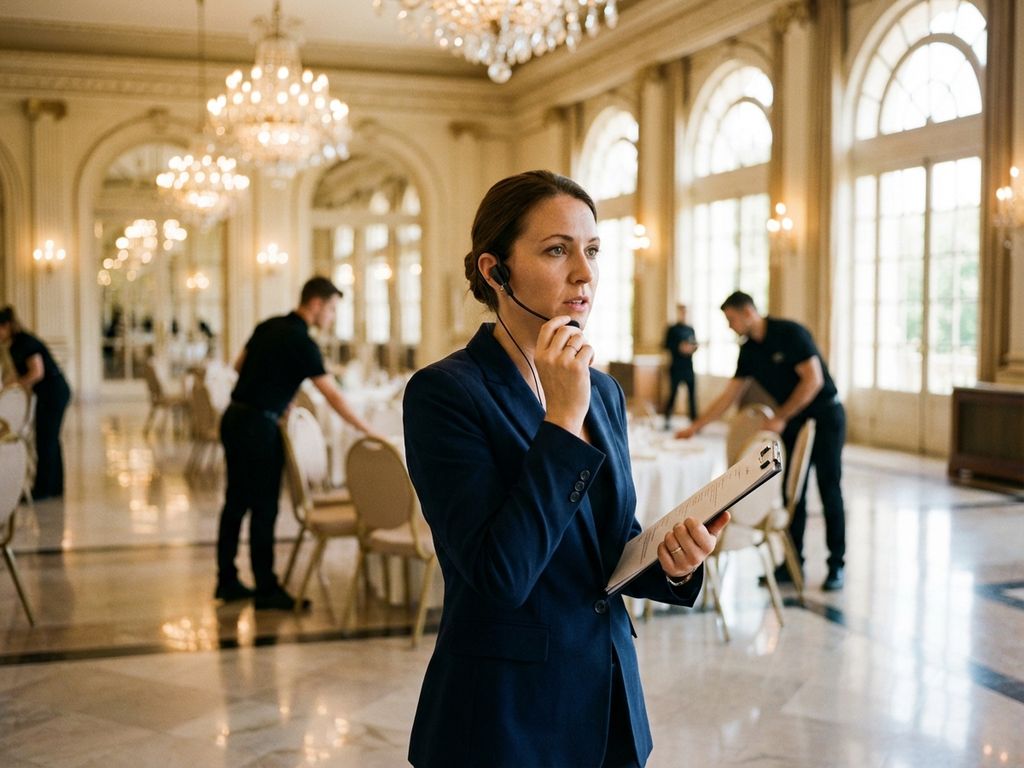 Professionelle Eventkoordinatorin mit Headset und Klemmbrett in eleganter Konferenzhalle mit Marmorboden und Kronleuchtern