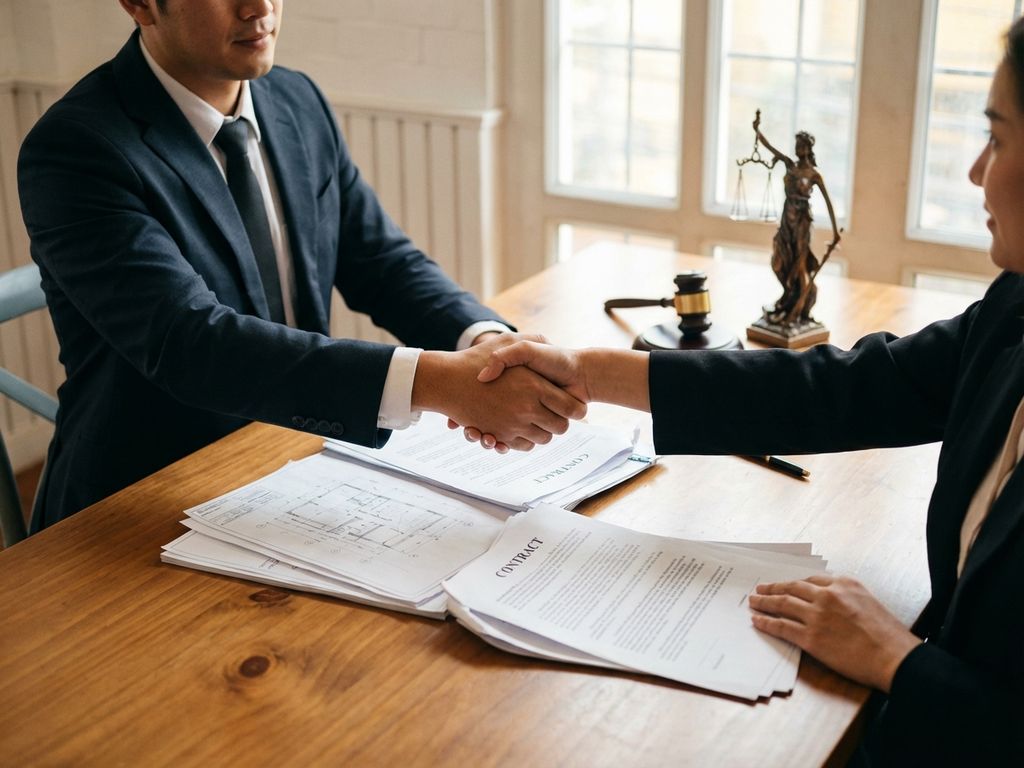 Geschäftsmann und Kunde geben sich die Hand über Verträgen am Konferenztisch mit Waage der Gerechtigkeit