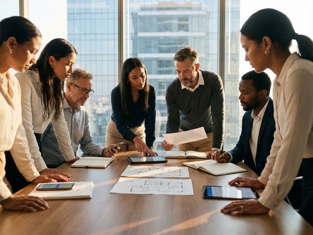 event-personal-team-meeting-planung-buero.jpg Diverse Eventplanungs-Team bespricht Termine am Konferenztisch mit Tablets und Smartphones in modernem Büro