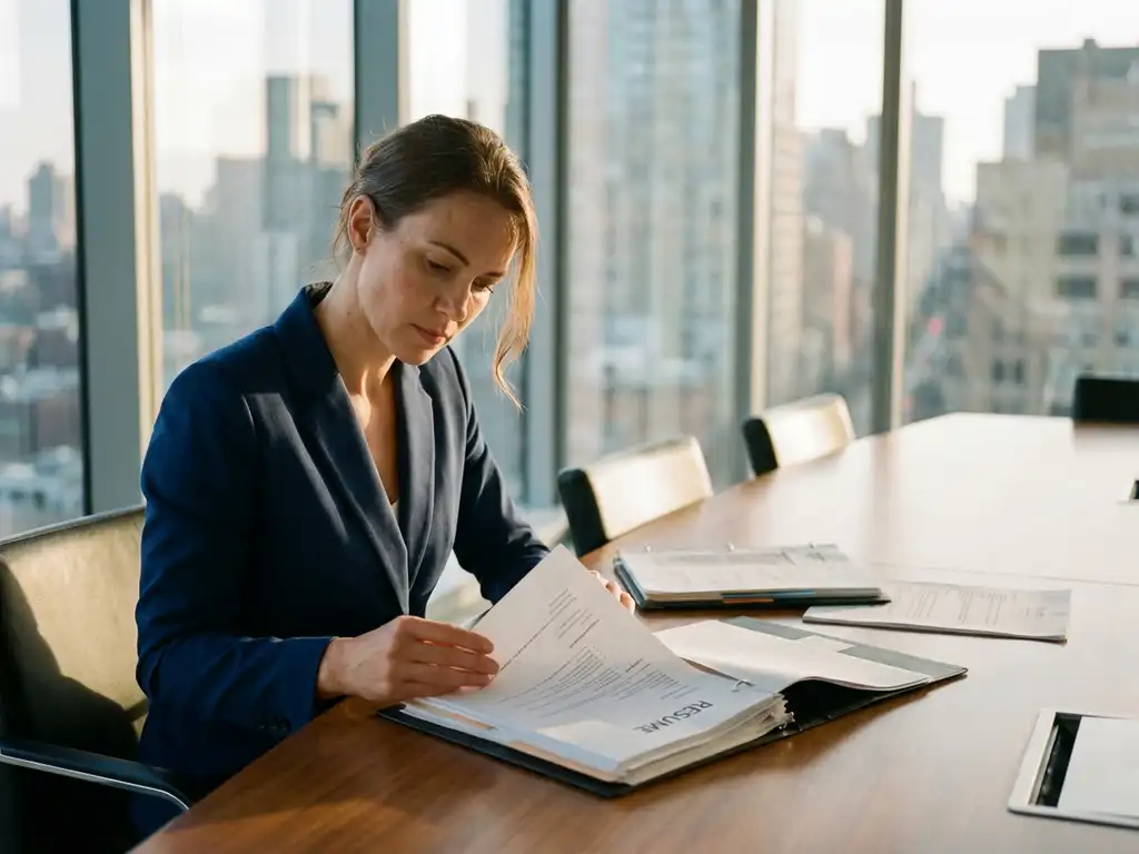 Professionelle Frau in marineblauem Blazer prüft Bewerbungsunterlagen am Konferenztisch in modernem Büro