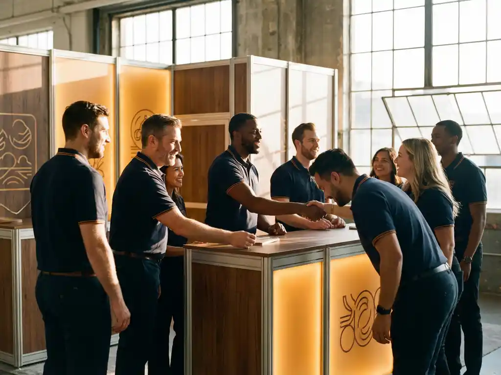 Diverse Messeteam in einheitlichen Uniformen lächelt herzlich am modernen Messestand bei warmem Tageslicht