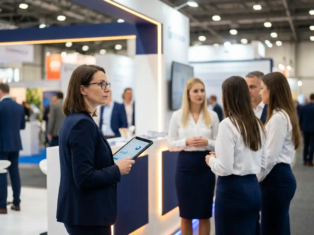 Event-Manager mit Tablet überwacht Leistungskennzahlen während Hostessen Besucher an modernem Messestand betreuen