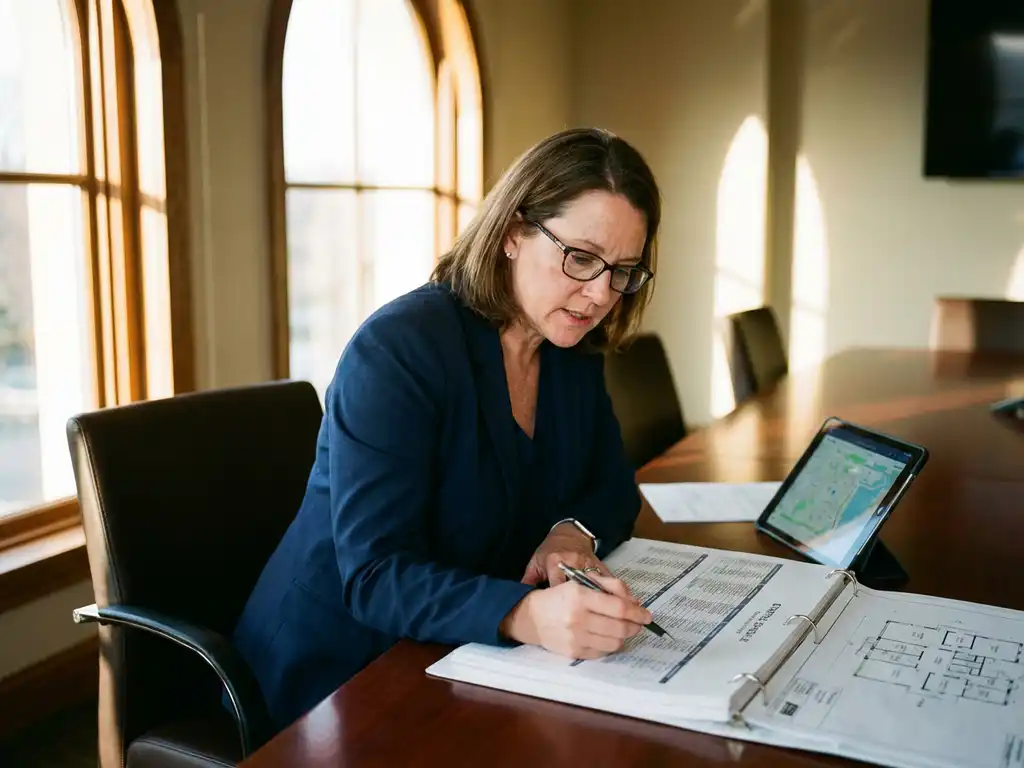 Eventmanager im marineblauen Blazer prüft Personaldiagramme und Grundrisse am Konferenztisch mit Tablet