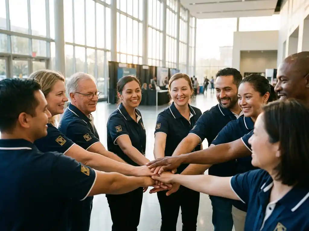 Diverses Event-Personal in marineblauen Poloshirts stapelt Hände im Teamkreis in moderner Ausstellungshalle
