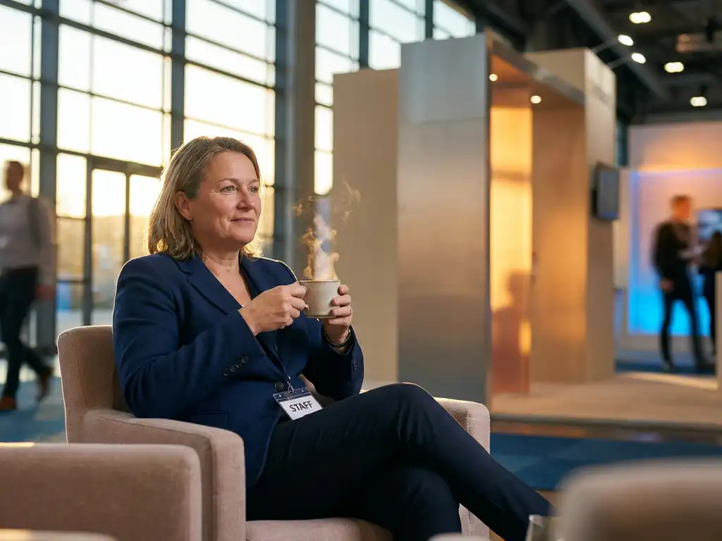 event-personal-pause-messe-uniform.jpg Professioneller Messemitarbeiter in Uniform macht Pause mit Kaffeetasse in modernem Ausstellungsbereich bei warmem Licht
