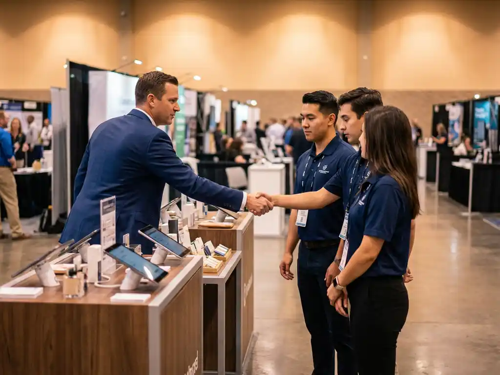 Professioneller Trainer in marineblauem Blazer zeigt drei Messemitarbeitern in Poloshirts die richtige Handschlag-Technik am Messestand