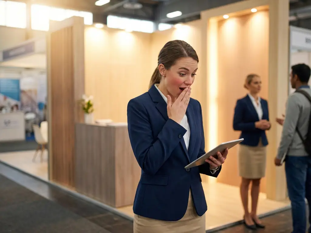 Professionelle Messehostess in Businesskleidung hält Hand vor Mund, realisiert Fehler neben Messestand mit Kollegin im Hintergrund