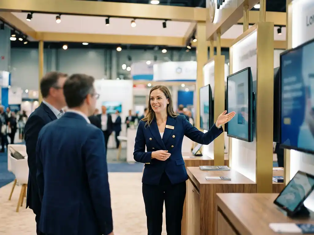 messestand-hostess-professionell-ausstellung-beratung.jpg Professionelle Messehostess in eleganter Geschäftskleidung präsentiert selbstbewusst Produkte an modernem Messestand