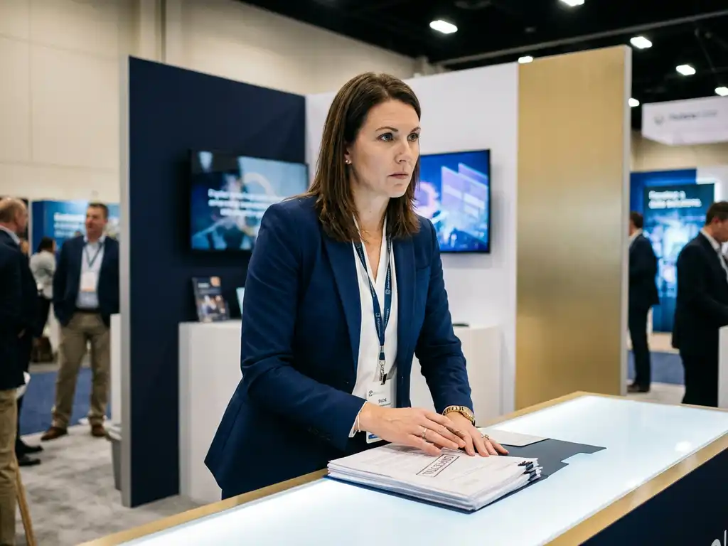 messehostess-vertrauliche-dokumente-messestand-geschaeftskleidung.jpg Professionelle Messehostess in elegantem Business-Outfit prüft vertrauliche Dokumente an modernem Messestand