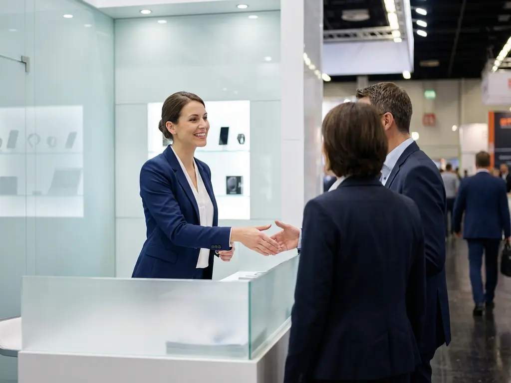 Professionelle Messehostess in eleganter Geschäftskleidung begrüßt Besucher an modernem Ausstellungsstand