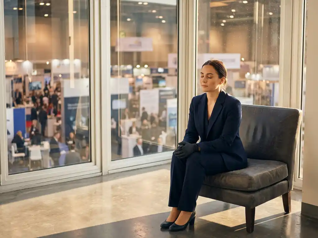 Professionelle Messehostess in marineblauem Blazer macht Pause mit geschlossenen Augen in modernem Ausstellungszentrum
