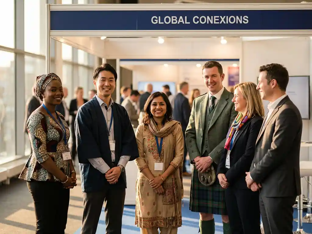eventpersonal-internationale-messe-team-professionell.jpg Diverse internationale Eventmitarbeiter in kultureller Geschäftskleidung an modernem Messestand mit warmem Licht