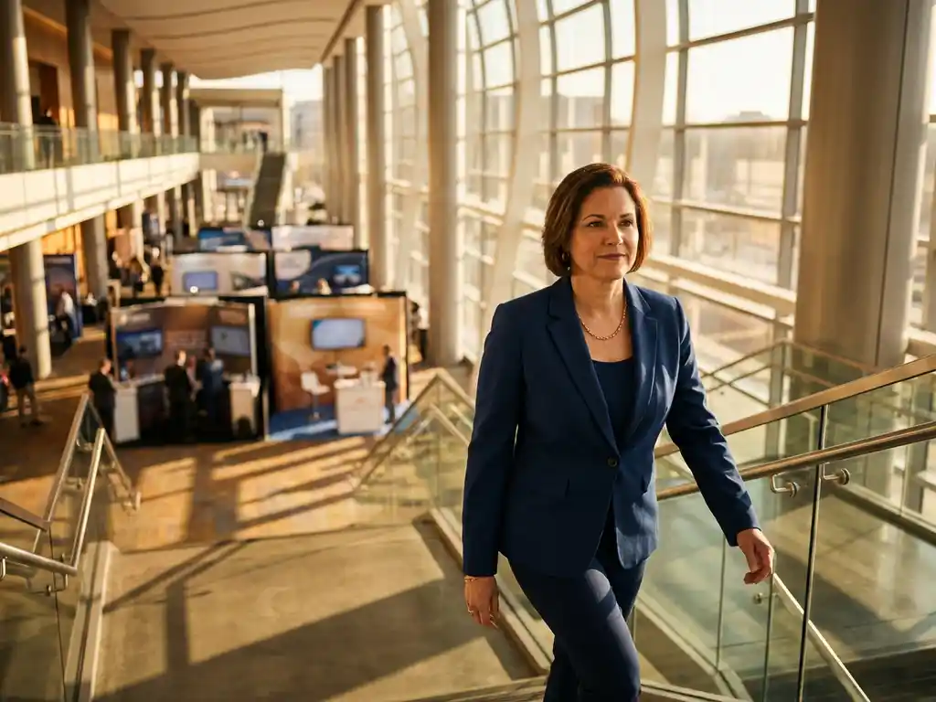 Geschäftsfrau in elegantem Anzug steigt selbstbewusst moderne Glastreppe in hellem Kongresszentrum hinauf