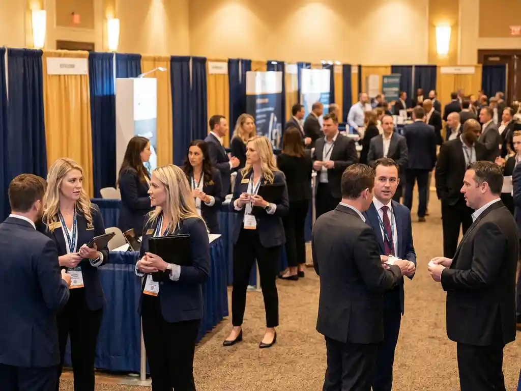 Professionelle Messehalle mit modernen Ausstellungsständen, Hostessen mit Tablets im Gespräch mit Besuchern beim Networking