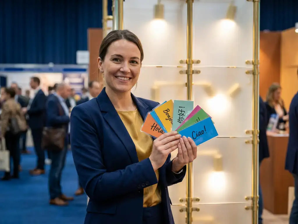 mehrsprachige-hostess-messe-sprachkarten-business.jpg Professionelle Messehostess in eleganter Geschäftskleidung hält bunte internationale Sprachkarten an modernem Messestand