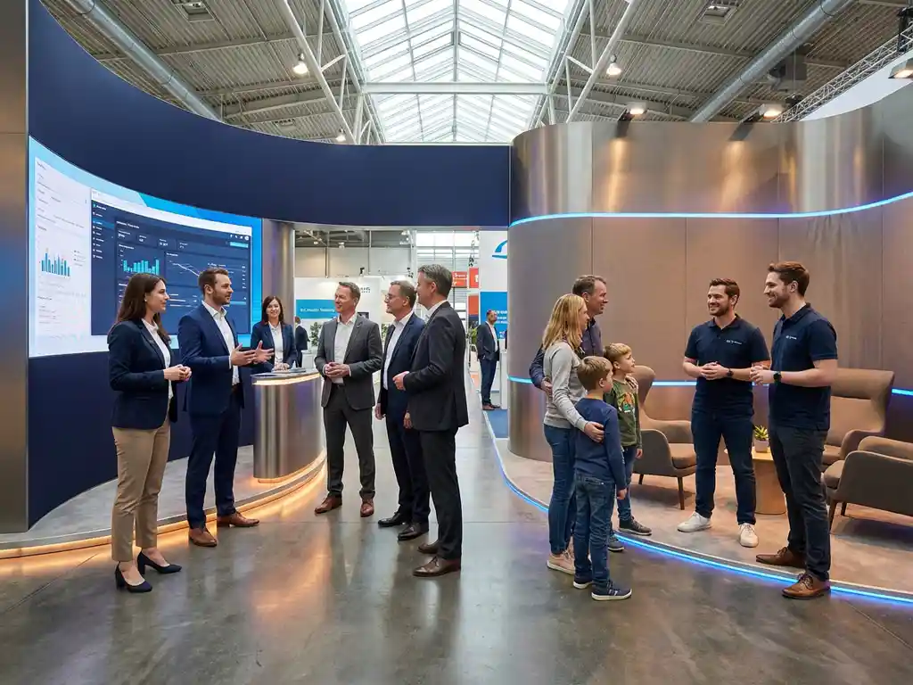 Professionelle Messestände mit Geschäftsteams in Anzügen und Poloshirts beim Kundengespräch in moderner Ausstellungshalle