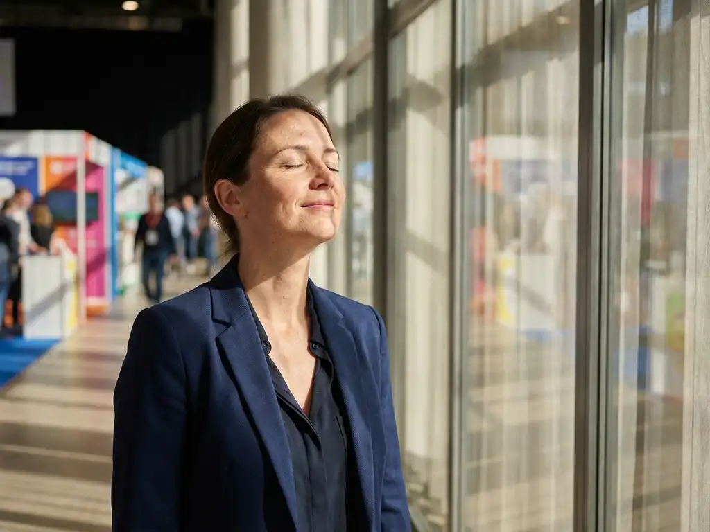 Professionelle Messehostess in marineblauen Blazer atmet tief durch mit geschlossenen Augen in ruhiger Ecke der Messehalle