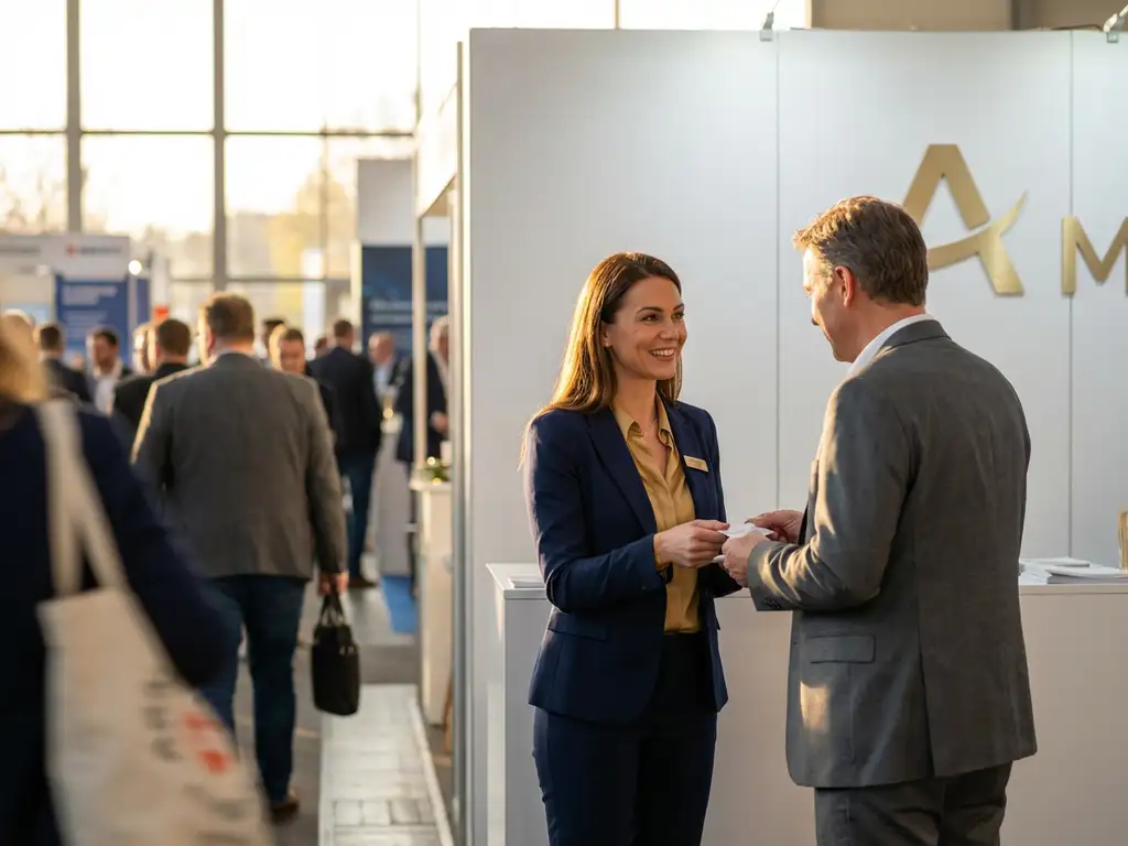 messehostess-kundenbetreuung-networking-geschaeftskontakte.jpg Professionelle Messehostess in elegantem Business-Outfit tauscht lächelnd Visitenkarten mit Kunden an modernem Messestand aus