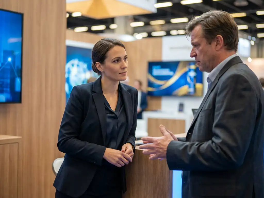 Professionelle Messehostess im eleganten Business-Outfit führt ruhiges Gespräch mit frustriertem Kunden am modernen Messestand