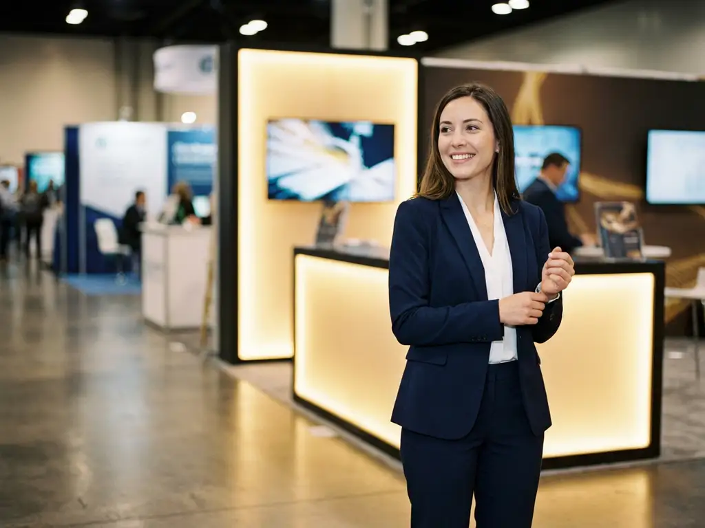 messehostess-professionell-anzug-marineblau-ausstellung.jpg Professionelle Messehostess in marineblauem Blazer und weißer Bluse steht selbstbewusst neben modernem Messestand