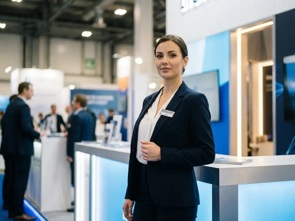 Professionelle Messehostess in marineblauem Blazer und weißer Bluse an modernem Messestand mit eleganten Displaypanels