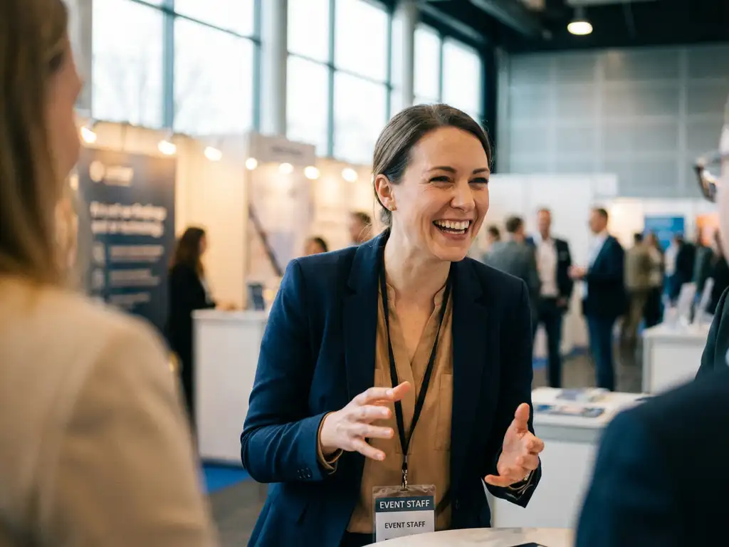 messestand-hostess-professionelle-kommunikation-ausstellung.jpg Professionelle Messehostess im marineblauen Blazer führt lebhafte Unterhaltung mit Handgesten in moderner Ausstellungshalle