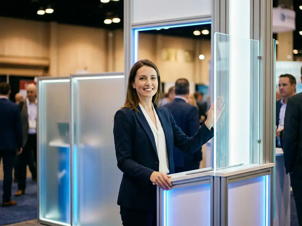 Professionelle Messehostess in eleganter Geschäftskleidung an modernem Messestand mit blauen Displays