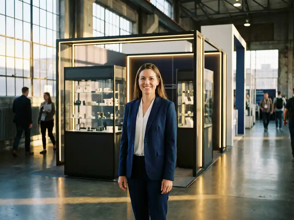 Selbstbewusste Messehostess im marineblauen Blazer mit perfekter Haltung neben modernem Messestand mit Glasvitrinen