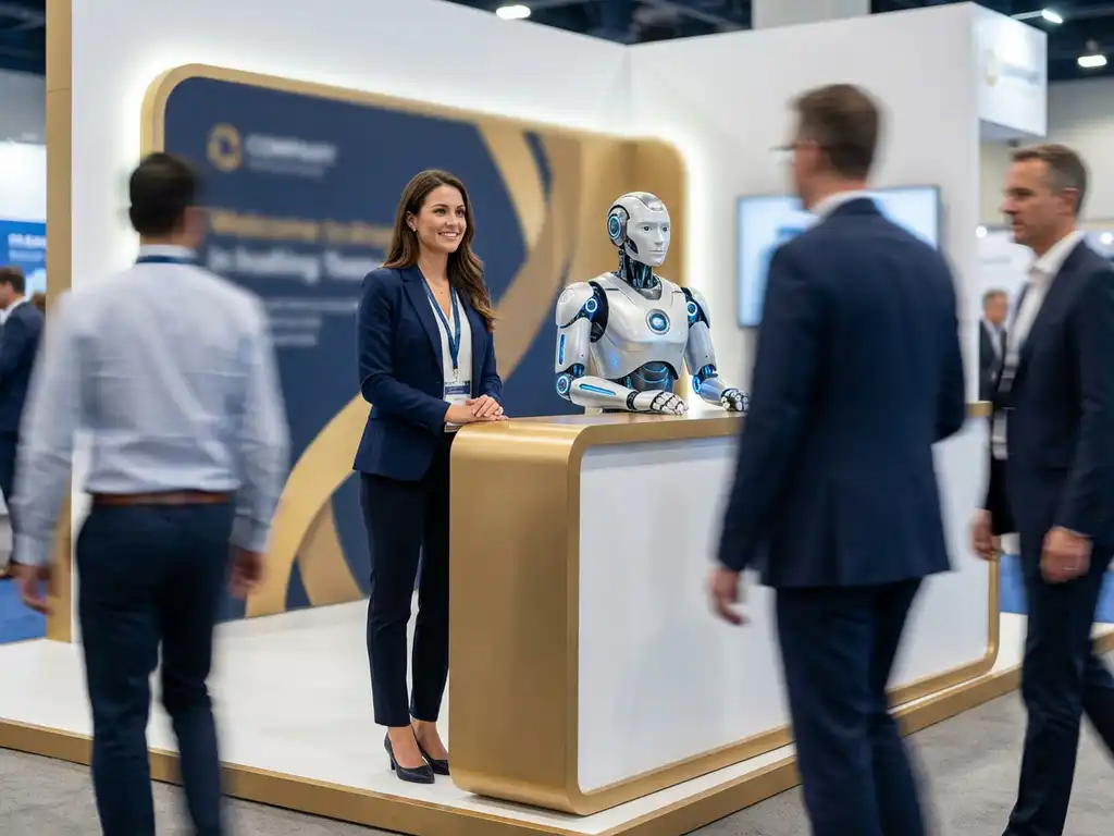messehostess-roboter-zusammenarbeit-ausstellung-stand.jpg Professionelle Messehostess und humanoider Roboter stehen gemeinsam an modernem Messestand vor Besuchern