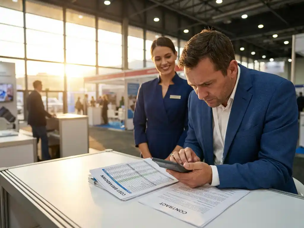 Kleinunternehmer prüft Kostenaufstellung am Messestand während Hostess lächelnd daneben steht, Taschenrechner und Verträge auf weißem Tisch