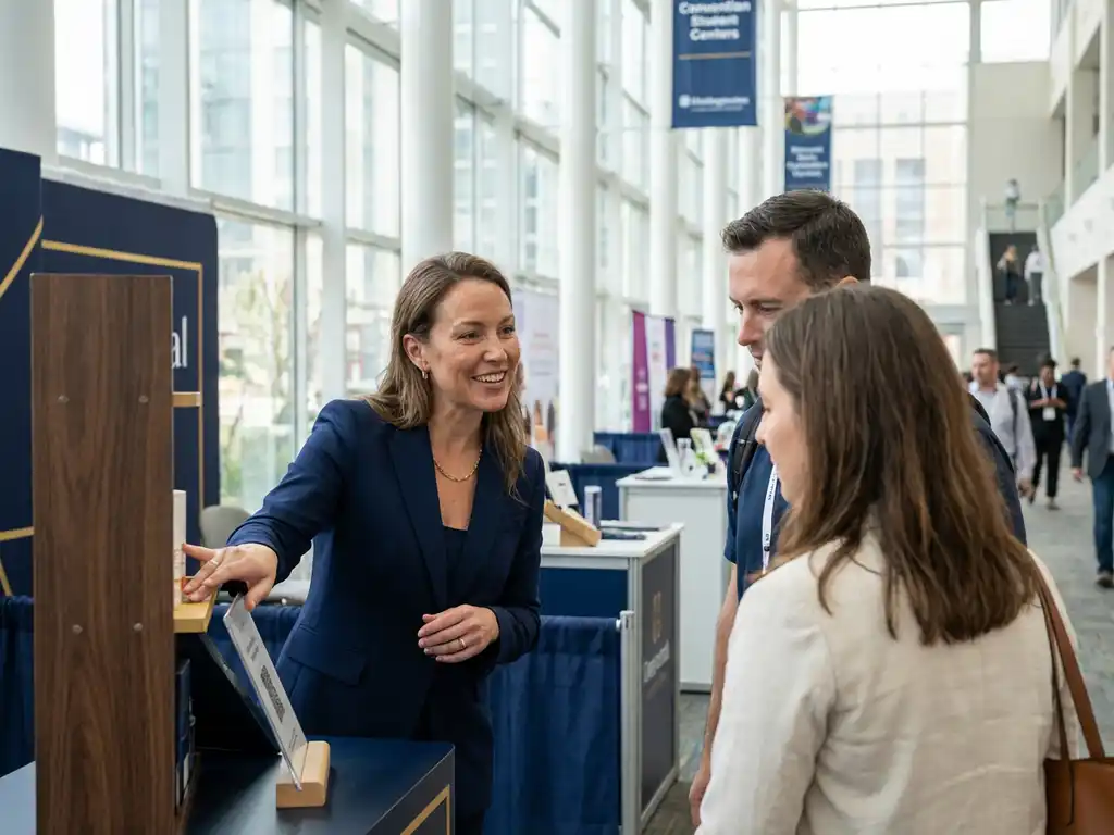 Professionelle Frau in marineblauem Blazer im Gespräch mit Besuchern an modernem Messestand im Kongresszentrum