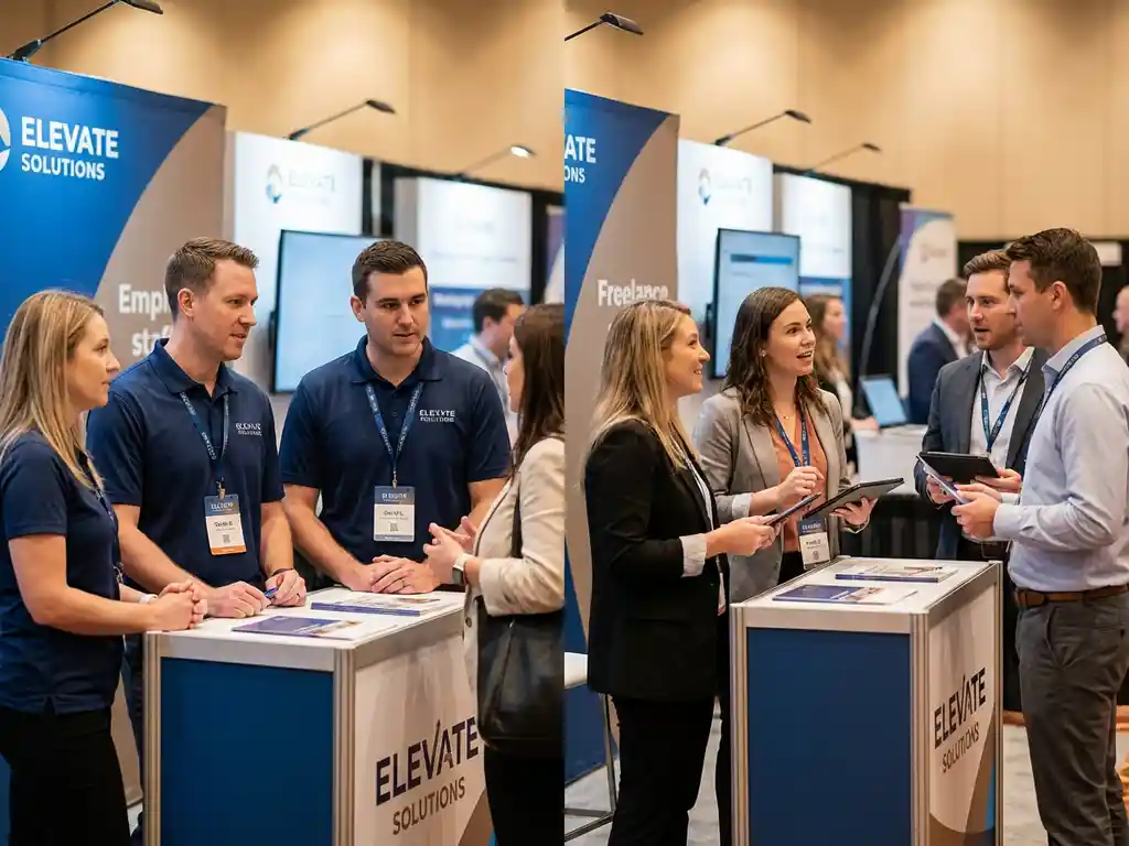 Messemitarbeiter in einheitlichen Firmen-Uniformen und freiberufliche Fachkräfte in unterschiedlicher Kleidung betreuen Besucher an Ausstellungsständen