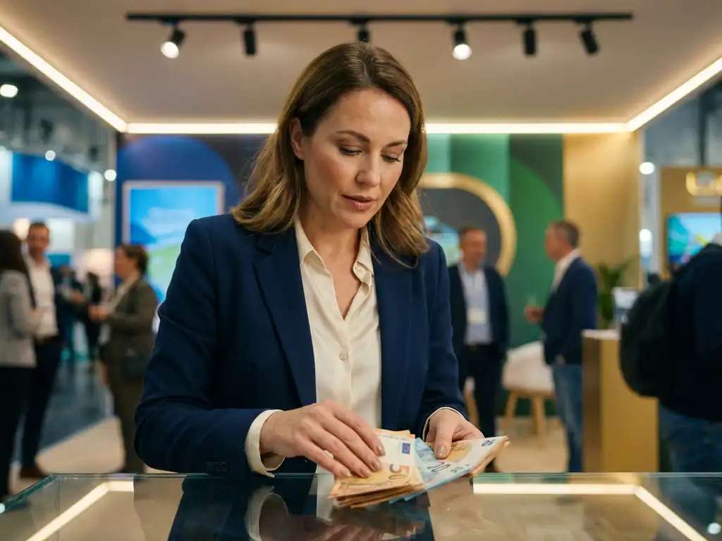Professionelle Messehostess in Businesskleidung zählt Euro-Banknoten an modernem Messestand mit Glastheke