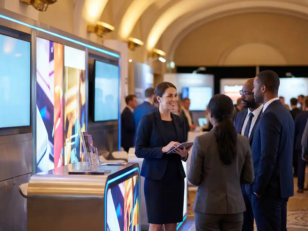 Professionelle Messehostess in eleganter Geschäftskleidung interagiert mit Besuchern an modernem Messestand