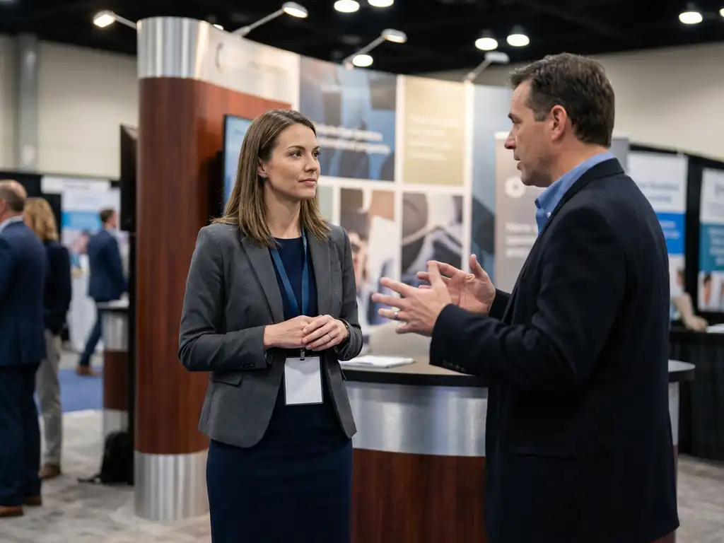 Professionelle Messehostess in eleganter Geschäftskleidung hört aufmerksam einem gestikulierenden Besucher am modernen Messestand zu
