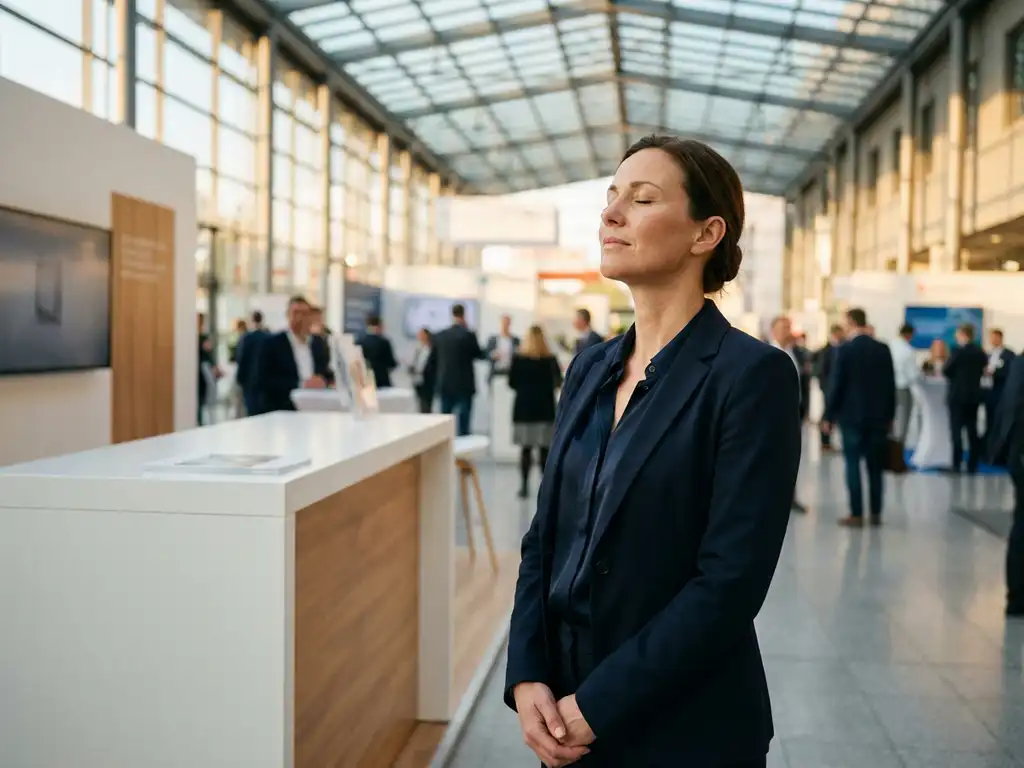 messehostess-professionell-vorbereitung-selbstvertrauen-atmung.jpg Professionelle Messehostess in eleganter Geschäftskleidung atmet tief mit geschlossenen Augen neben modernem Messestand