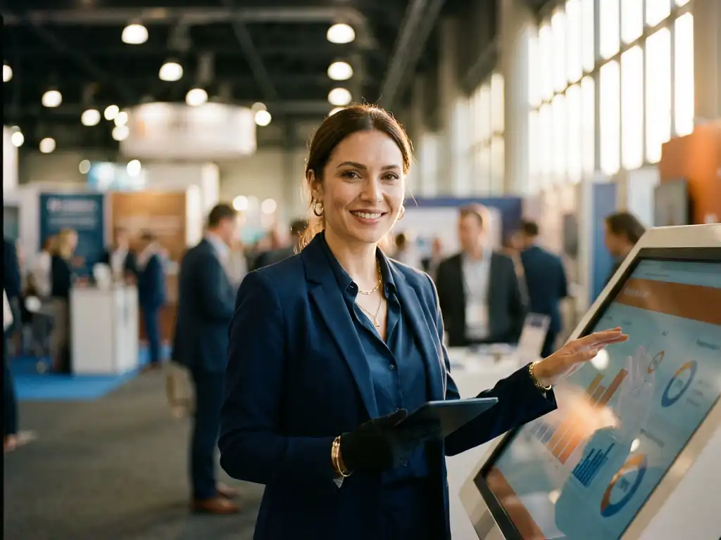 Professionelle Messehostess mit Tablet gestikuliert zu interaktivem Display in modernem Ausstellungsstand