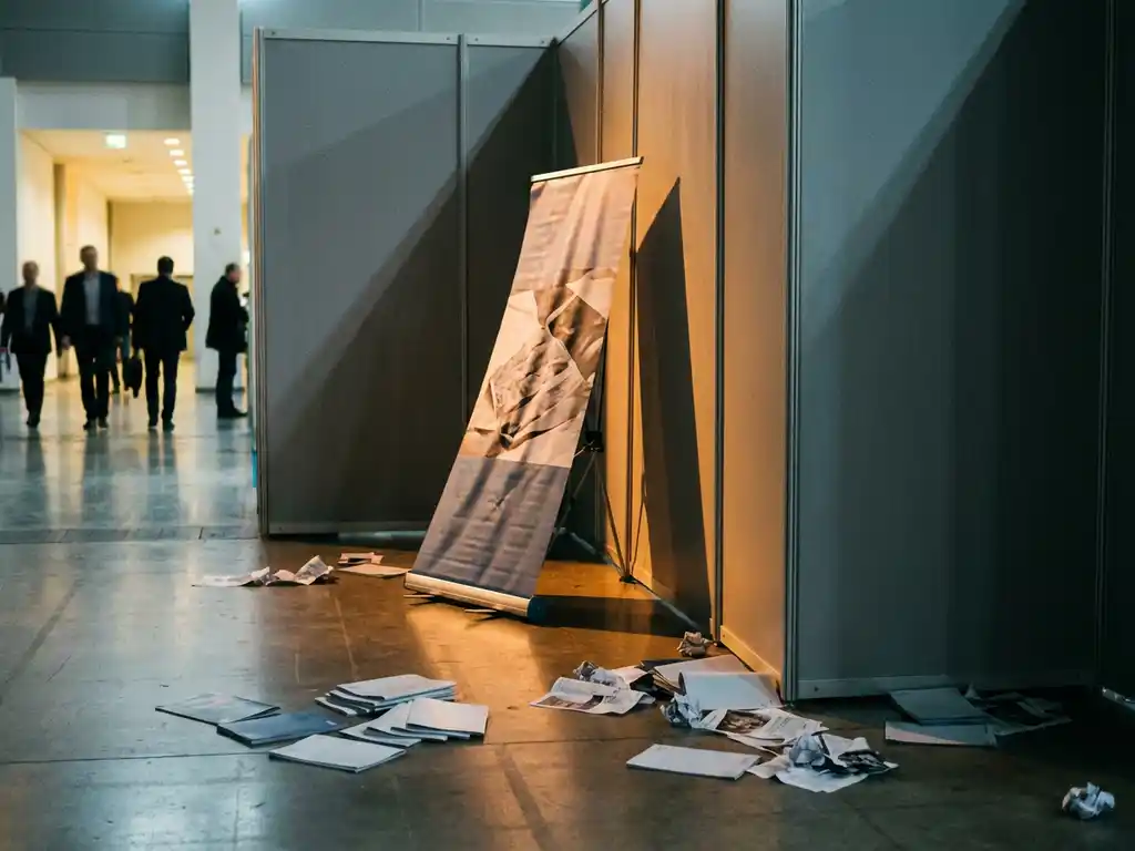Leerer Messestand mit verlassenem Werbebanner und verstreuten Marketingmaterialien auf poliertem Betonboden