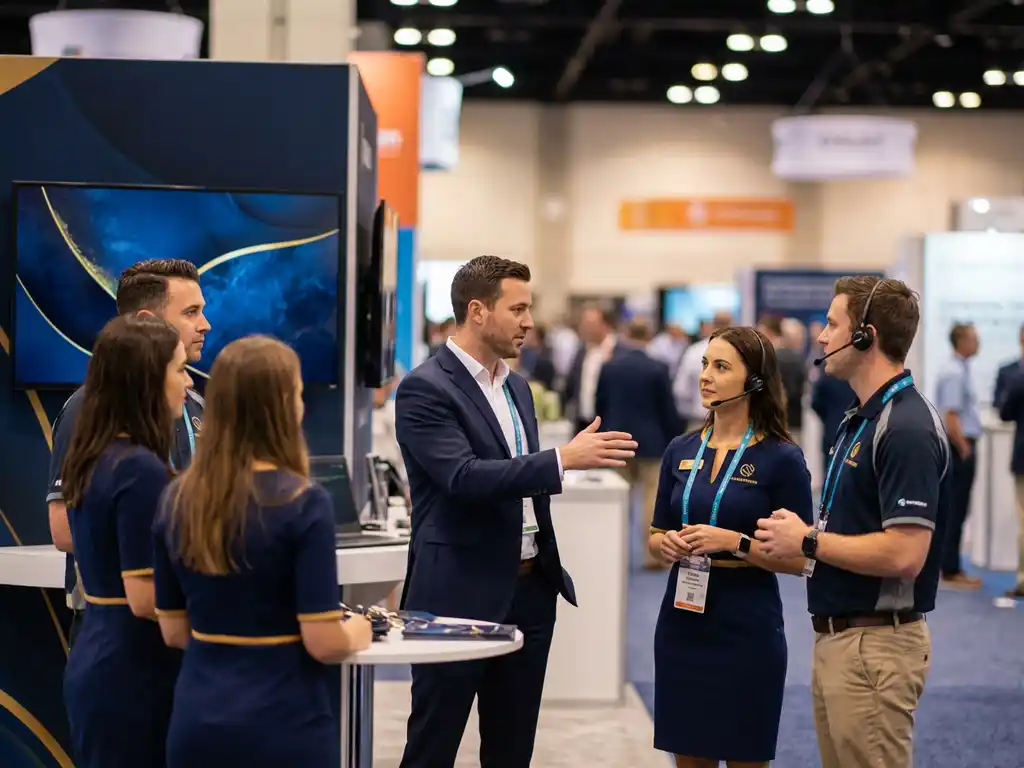 Professioneller Projektmanager koordiniert Messeteam mit Hostessen und technischem Personal vor moderner Ausstellungsstand