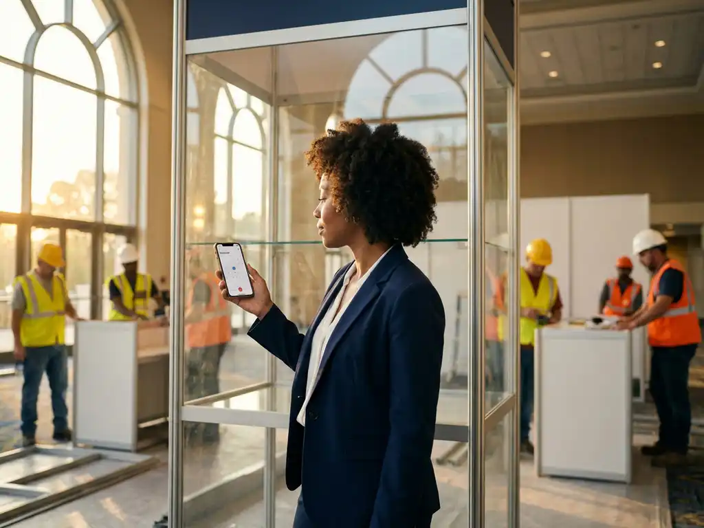 Geschäftsfrau in marineblauen Blazer prüft Smartphone-Kalender neben Messestand im Aufbau, Arbeiter montieren Displays