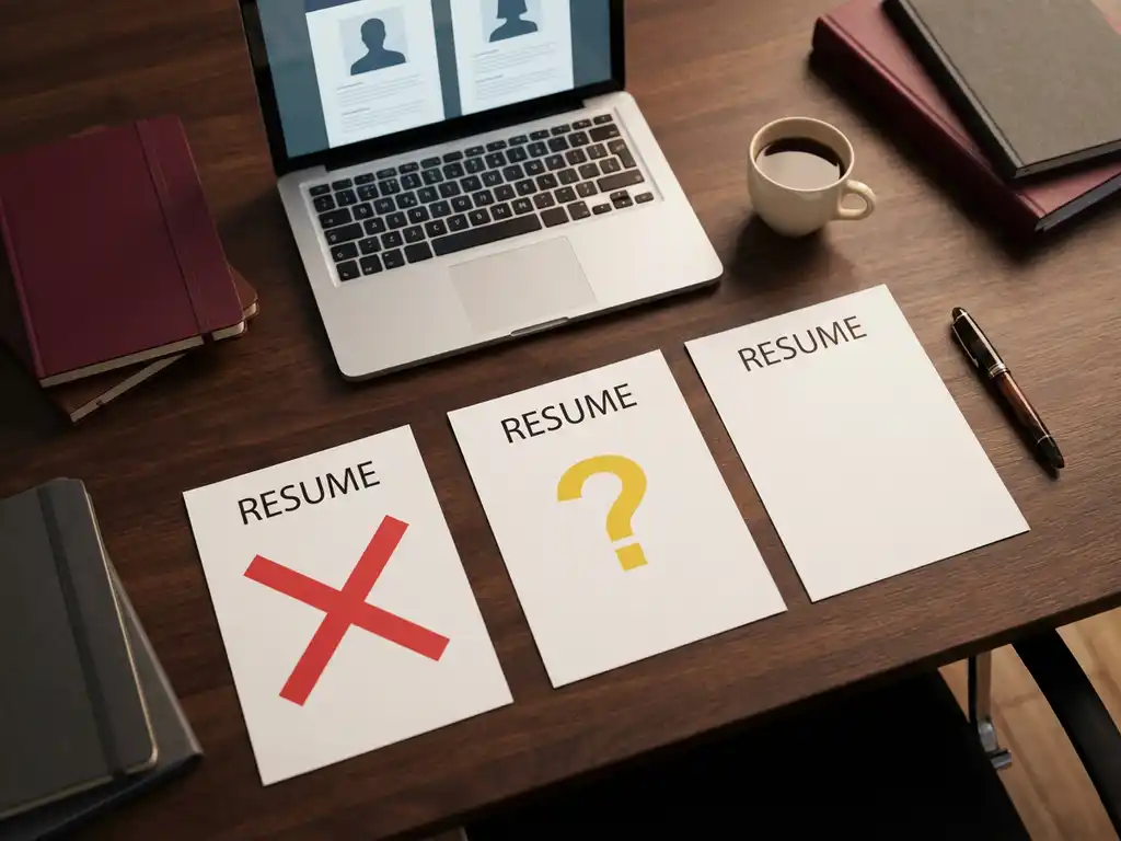 Recruiter-Schreibtisch von oben mit drei Bewerbungsunterlagen, Laptop mit Kandidatenprofilen, Stift und Kaffeetasse