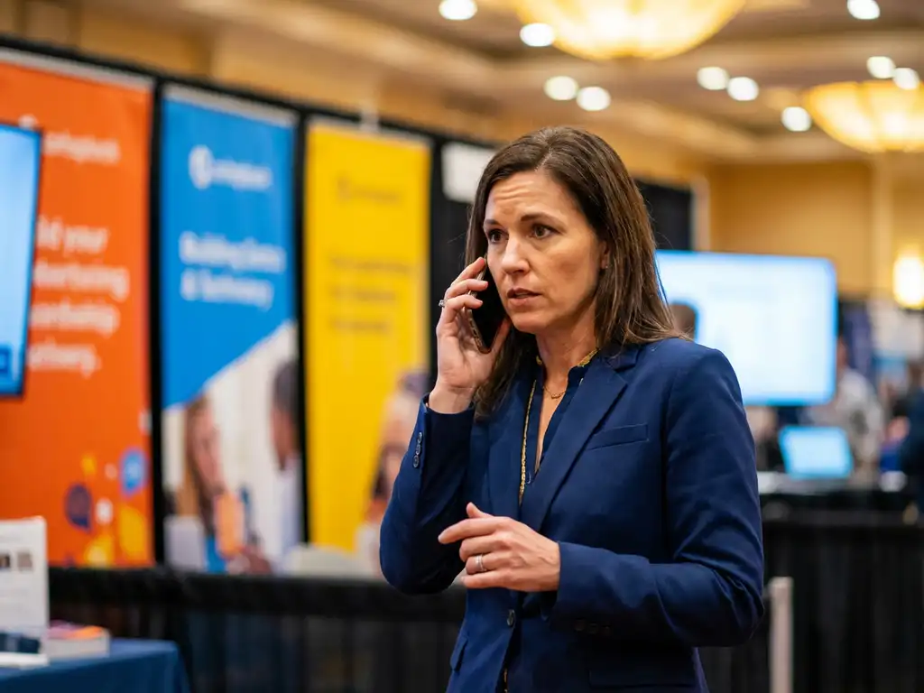 Geschäftsfrau telefoniert dringend neben Messestand mit bunten Ausstellungsbannern im Hintergrund