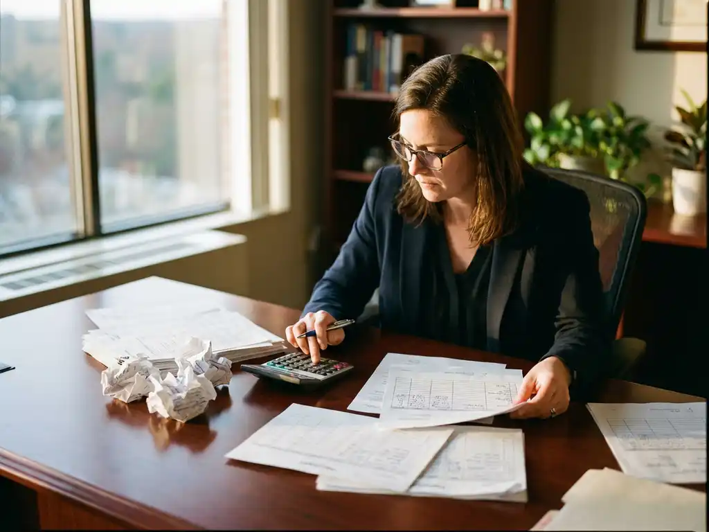 Geschäftsfrau prüft Rechnungen und Stundenzettel am Holzschreibtisch mit Taschenrechner und Stift bei Tageslicht