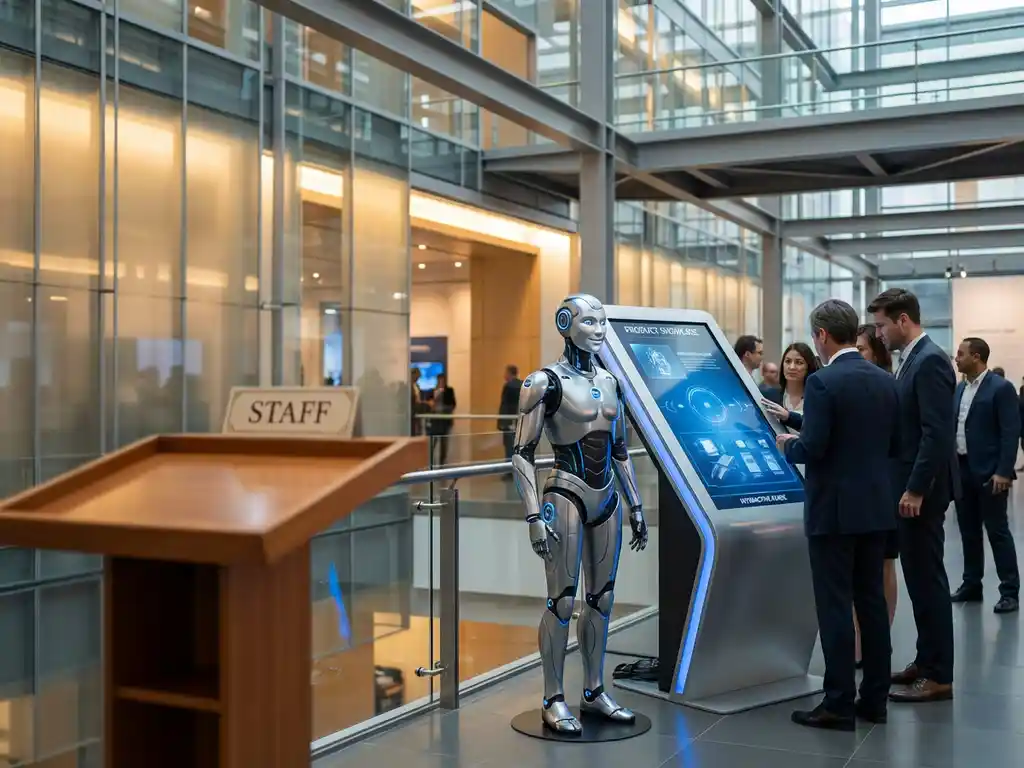 Professioneller Messestand mit interaktivem digitalem Kiosk und humanoiden Roboter, der Besucher begrüßt, moderne Ausstellungshalle