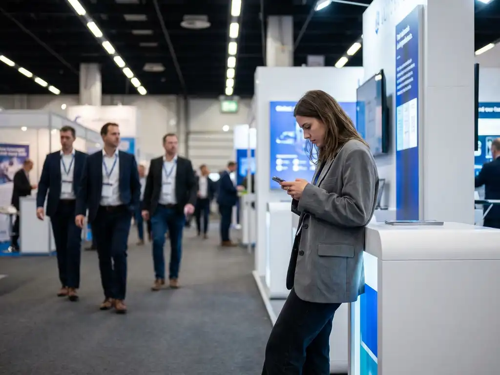 Messestand-Hostess in zerknittertem Blazer lehnt an Ausstellungsstand und schaut auf Handy während Besucher unbeachtet vorbeigehen