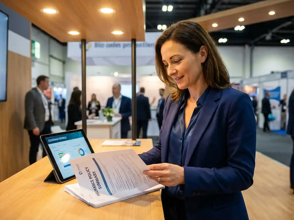 versicherungsberatung-messestand-geschaeftsfrau-dokumente.jpg Professionelle Messehostess in Geschäftskleidung prüft Versicherungsdokumente an modernem Messestand mit Tablet