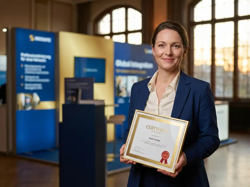 Geschäftsfrau in elegantem Anzug hält goldenes Zertifikat mit Bandsiegel auf moderner Messemesse