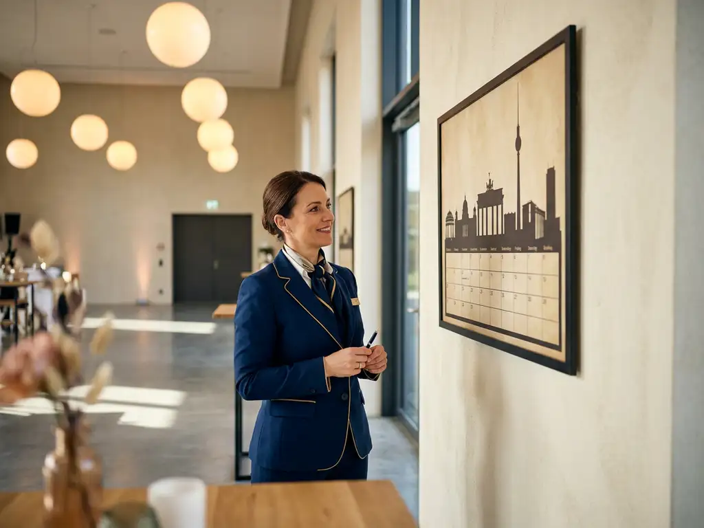veranstaltung-hostess-berlin-kalender-planung.jpg Professionelle Eventmoderatoren in elegantem Outfit prüft Wandkalender mit Berliner Wahrzeichen in modernem Veranstaltungsraum.
