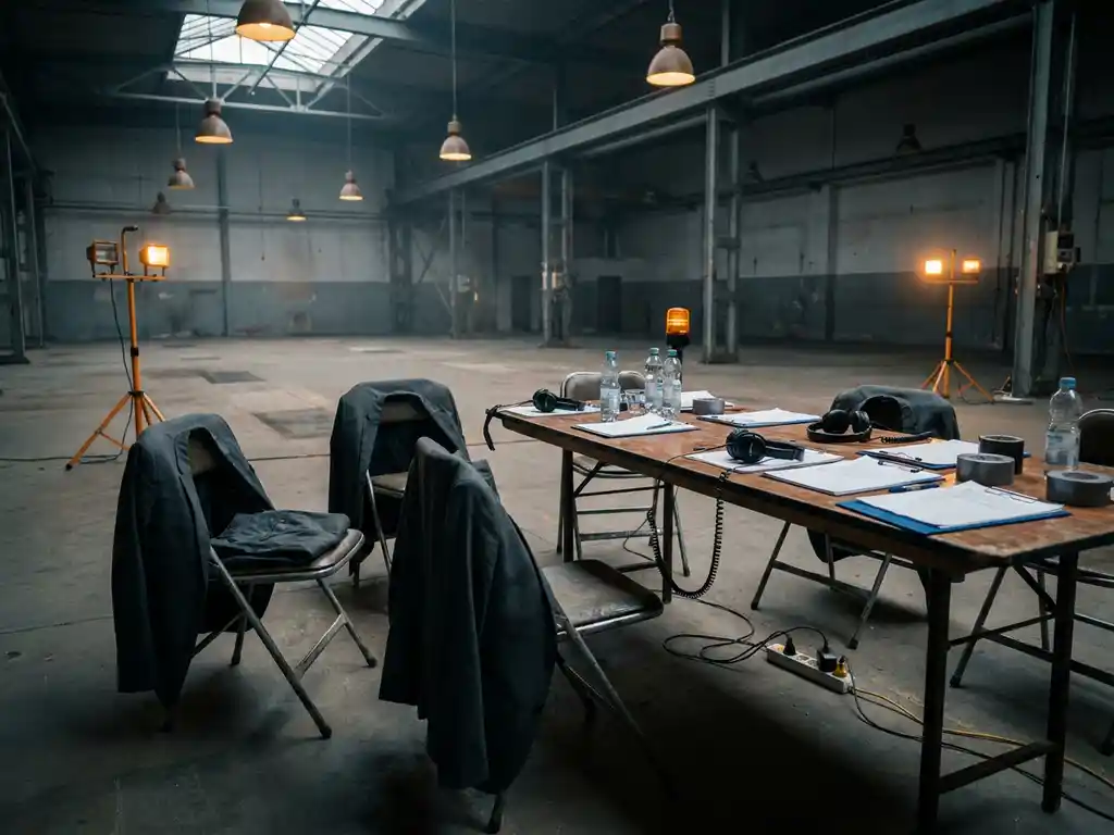 Chaotischer Berliner Veranstaltungsraum beim Aufbau mit leeren Uniformen auf Stühlen, Klemmbrettern und Headsets auf einem Banketttisch.