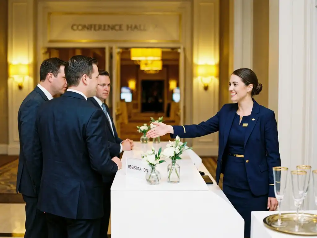 Gastgeberin in dunkler Uniform begrüßt Geschäftsgäste an elegantem Empfangstisch mit Blumenarrangements und Champagnergläsern.